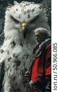 Mystic Bond: Warrior and Giant Eagle Guardian. Стоковое AI-изображение, AI-художник Данила Большаков / Фотобанк Лори