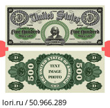 Vector obverse and reverse of vintage banknote, denomination of 500 dollars, United States of America. Retro guilloche patterns. Five hundred. American paper money. Inscription, text, image, photo. Стоковая иллюстрация, иллюстратор GAlexS / Фотобанк Лори