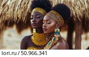 Captivating portrait of two African women displaying traditional beauty, adorned with golden beadwork and elaborate headpieces, embodying cultural richness. Стоковое AI-изображение, AI-художник Данила Большаков / Фотобанк Лори