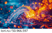 A captivating abstract presentation of water splashing amidst glowing sparks, showcasing dynamic fluid movement and contrasting warm and cool tones, ideal for energetic media. Стоковое AI-изображение, AI-художник Данила Большаков / Фотобанк Лори