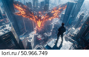 A lone figure observes a futuristic metropolis consumed by a colossal molten entity, a dramatic digital artwork depicting an epic catastrophic event. Стоковое AI-изображение, AI-художник Данила Большаков / Фотобанк Лори