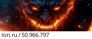 Close-up of a fearsome demonic monster with glowing eyes and fiery jaws, emanating intense heat and dark power, ideal for a game interface or a thrilling movie poster. Стоковое AI-изображение, AI-художник Данила Большаков / Фотобанк Лори
