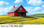 A quaint red house situated on a gentle hill amidst a vast golden yellow flower field under a bright blue sky with fluffy white clouds, an idyllic springtime setting for tranquil countryside moments. Стоковое AI-изображение, AI-художник Данила Большаков / Фотобанк Лори