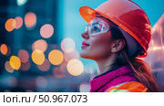 Confident Woman in Construction Hard Hat and Safety Goggle Against a Blurred Cityscape at Twilight, Symbolizing Urban Development and Professional Safety. Стоковое AI-изображение, AI-художник Данила Большаков / Фотобанк Лори