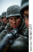 Intense portrait of a dedicated soldier in snowy, muddy conditions, aiming his weapon with fierce resolve for a powerful war drama. Стоковое AI-изображение, AI-художник Данила Большаков / Фотобанк Лори