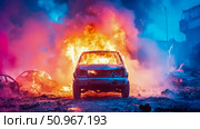 Concept: Urban disaster: Burnt vehicles amidst fire and smoke, a scene of destruction and aftermath, evoking shock and despair. Стоковое AI-изображение, AI-художник Данила Большаков / Фотобанк Лори