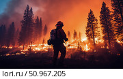 Courage in Crisis: Firefighter Confronting a Raging Wildfire, Back View, Amidst Smoke and Flames, Evoking Resilience and Determination. Стоковое AI-изображение, AI-художник Данила Большаков / Фотобанк Лори