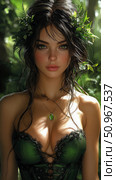 Enchanting portrait of a mythical woodland spirit with a lush green crown and sparkling emerald gem, embodying natural ethereal beauty amidst a vibrant forest environment. Стоковое AI-изображение, AI-художник Данила Большаков / Фотобанк Лори