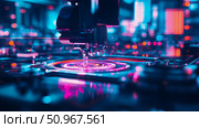 A high-tech robotic machine precisely interacting with a glowing data chip, illustrating advanced scientific research and industrial automation. Стоковое AI-изображение, AI-художник Данила Большаков / Фотобанк Лори