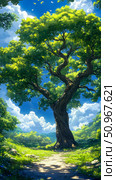 A majestic old tree with lush green foliage standing tall in a vibrant sunlit forest clearing, with a winding path and a bright blue sky above, a tranquil nature concept for serene environmental artw. Стоковое AI-изображение, AI-художник Данила Большаков / Фотобанк Лори
