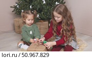 Two little girls, an older sister and a toddler, sit on the floor under the Christmas tree at home, playing with gifts and toys. Happy family and joy of winter holidays celebration concept. Footage. Стоковое видео, видеограф Ирина Михайличенко / Фотобанк Лори