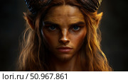 Intense portrait of a mythical horned creature, a faun or satyr with captivating blue eyes and flowing brown hair, ideal for a book cover or dramatic art. Стоковое AI-изображение, AI-художник Данила Большаков / Фотобанк Лори