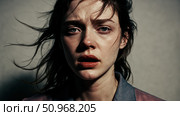 A young Caucasian woman with disheveled hair and a distressed expression. She has pale skin and is wearing a simple shirt. The background is neutral and blurred. Стоковое AI-изображение, AI-художник Nart / Фотобанк Лори