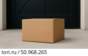 A plain cardboard box sits on a concrete surface in front of a black door. The box is empty and unmarked, suggesting delivery or storage. Стоковое AI-изображение, AI-художник Nart / Фотобанк Лори
