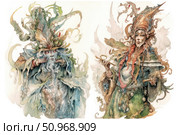 Fantasy watercolor portraits of magical creatures in natural clothing. The male and female figures are made in watercolor technique with fine detailing: moss, leaves, berries, feathers and bark form their outfits and headdresses. These characters are like living spirits of the forest or wizards of ancient times. The image conveys the atmosphere of magic, nature and ancient tales, ideal for decorating books, games, illustrations for myths and fantasy. Стоковое AI-изображение, AI-художник Анна Кривицкая / Фотобанк Лори