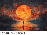 A watercolor illustration with a poetic atmosphere: a silhouette of a lonely man standing on the water, looking at a giant blazing sun (or moon) against a fiery red sky. The landscape is filled with drama, symbolism and a sense of eternity. The dark silhouettes of trees and reflection in the water create the effect of contemplative silence, an inner search or a fateful choice. This work evokes associations with the end of the day, the end of the road or the beginning of a new era. Стоковое AI-изображение, AI-художник Анна Кривицкая / Фотобанк Лори