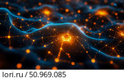 Captivating abstract visualization of a vibrant digital neural network, featuring undulating blue particle waves intertwined with luminous orange data nodes and energy pathways against a dark, cosmic background. Стоковое AI-изображение, AI-художник Данила Большаков / Фотобанк Лори
