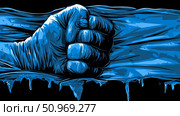 Dynamic illustration of a colossal blue fist forcefully gripping and tearing through a vibrant liquid or fabric, creating powerful ripples and icy drips below. Стоковое AI-изображение, AI-художник Данила Большаков / Фотобанк Лори