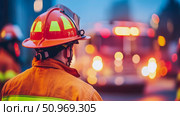 Back view of a firefighter in a red helmet and orange coat, standing amidst a vibrant, blurry background of emergency vehicle lights and city bokeh, symbolizing professional duty and urban response. Стоковое AI-изображение, AI-художник Данила Большаков / Фотобанк Лори