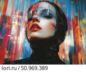 Futuristic portrait of a woman in cyberpunk style. Glossy skin, bright makeup, techno accessories and an abstract background with neon flashes of blue, red and orange create the atmosphere of the digital future. The image combines the aesthetics of glossy fashion, technology and science fiction. The female image radiates strength, mystery and cybernetic appeal. Suitable for themes: sci-fi, futurism, digital art, style of the future, virtual reality. Стоковое AI-изображение, AI-художник Анна Кривицкая / Фотобанк Лори