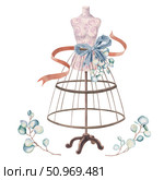 Vintage dressmaker mannequin with eucalyptus branches, red ribbon, and blue bow. Watercolor illustration of female dummy. For sewing blogs, master classes, for designing sewing products, haberdashery. Стоковая иллюстрация, иллюстратор Larisa Hamukova / Фотобанк Лори