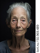 Elderly woman facing the challenges of Alzheimer's disease with grace and dignity in a serene indoor setting. Стоковое AI-изображение, AI-художник Екатерина Красникова / Фотобанк Лори