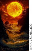 Dramatic Vision of a Mammoth Fiery Moon Dominating a Turbulent Sea with Golden Waves and Jagged Coastal Silhouettes under a Glowing Sky. Стоковое AI-изображение, AI-художник Данила Большаков / Фотобанк Лори