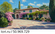 A Sun-Drenched Mediterranean Villa with Lush Pink Bougainvillea and Green Foliage in an Impressionistic Oil Painting Style, Featuring a Tiled Courtyard and Blue Sky. Стоковое AI-изображение, AI-художник Данила Большаков / Фотобанк Лори