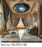 Luxurious interior of a palace hall in the Baroque style with marble floor, gilded furniture and high windows with sunset views. The central element is an oval fresco on the ceiling in the form of a galaxy, adding a fantastic accent to the space. Rich curtains made of emerald fabric, elegant armchairs, carved elements and a symmetrical composition create an atmosphere of grandeur, beauty and dreaminess. Ideal for art, architecture, fantasy, interior and historical themes. Стоковое AI-изображение, AI-художник Анна Кривицкая / Фотобанк Лори