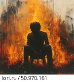 An artistic depiction of a silhouette of a man sitting on a chair surrounded by fire. The figure is immersed in deep shadow, while bright flames engulf the background, creating a powerful visual contrast. The work is done in an expressionistic manner with thick brushstrokes and texture, conveying internal tension, pain or emotional burnout. The scene symbolizes crisis, suffering, anger, loss or purification through destruction. Suitable for illustrating psychological themes, art projects, music covers, dark narratives. Стоковое AI-изображение, AI-художник Анна Кривицкая / Фотобанк Лори