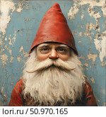 Portrait of a funny gnome with a thick white beard and expressive eyes, dressed in a red hat and jacket. The image is made in a technique imitating oil painting on a textured background with peeling paint. The emotional and fabulous image is suitable for the design of children's books, holiday cards, New Year's decor, illustrations for fantasy and folk tales. Стоковое AI-изображение, AI-художник Анна Кривицкая / Фотобанк Лори