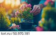Close-up of nurturing hands tending to a small vibrant plant with pink flowers in a black pot, set in a beautifully sunlit, blurred outdoor garden during golden hour, emphasizing care and growth. Стоковое AI-изображение, AI-художник Данила Большаков / Фотобанк Лори