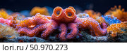 Surreal and vibrant deep-sea encounter with a multi-limbed, alien-like creature featuring unique textured eye-stalks, amidst a glowing coral reef ecosystem. Стоковое AI-изображение, AI-художник Данила Большаков / Фотобанк Лори