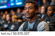 Focused young man with curly hair and a beard, wearing a tech-equipped backpack, attentively observes a presentation in a modern setting among a diverse and engaged audience. Стоковое AI-изображение, AI-художник Данила Большаков / Фотобанк Лори