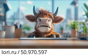 An adorable shaggy bovine creature peeking over a polished desk in a sunlit modern office with a blurred urban panorama. Стоковое AI-видео, аниматор Данила Большаков / Фотобанк Лори