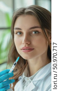 Attractive Woman undergoing cosmetic procedure with syringe in lab coat and glove, filler injection for lip augmentation, beauty treatment. Стоковое AI-видео, аниматор Данила Большаков / Фотобанк Лори