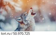 Majestic wolf howling in a snowy winter landscape, head tilted upwards, mouth open, surrounded by blurred trees and falling snow. Стоковое AI-видео, аниматор Данила Большаков / Фотобанк Лори
