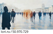 Abstract Crowd Scene with Blurred Figures Walking across a Plaza in Front of European Style Buildings, with a dreamlike artistic treatment. Стоковое AI-видео, аниматор Данила Большаков / Фотобанк Лори
