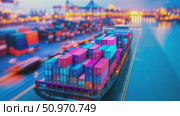 Cargo Vessel Transporting Colorful Shipping Containers Across Waterway at Dusk with City Lights in the Distance. Стоковое AI-видео, аниматор Данила Большаков / Фотобанк Лори