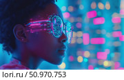 A woman gazing into the future with augmented reality specs in a vibrant neon cityscape. Стоковое AI-видео, аниматор Данила Большаков / Фотобанк Лори