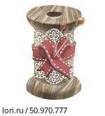 Wooden Spool and pins. Watercolor illustration of wooden spool with lace and ribbon around. For haberdashery, master classes, sewing blog or website design. Printing stickers or postcards. Стоковая иллюстрация, иллюстратор Larisa Hamukova / Фотобанк Лори