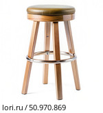 Wooden Bar Stool With Green Upholstery and Chrome Footrest. Generative AI. Стоковое AI-изображение, AI-художник Roman Zavorotny / Фотобанк Лори