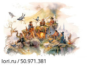 A fairytale watercolor illustration depicting wise men sitting on the tops of rocks by the fire, surrounded by birds and mythical creatures. The atmosphere is cozy, magical and ancient wisdom, as if this is a gathering of storytellers or keepers of knowledge in a fantasy world. In the background is a misty silhouette of a mountain and a medieval city. The painting is done in soft pastel colors using watercolor technique. Ideal for children's books, board games, illustrations for fairy tales, fantasy projects and magazines. Стоковое фото, фотограф Анна Кривицкая / Фотобанк Лори