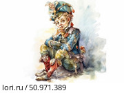 Watercolor illustration of a boy in the image of a joker or harlequin, sitting on the ground. His costume is bright and fanciful, with decorative elements, bells and rosettes, and on his head is a fantasy cap. The facial expression is naive, a little dreamy, with a hint of mischief. The work is done in a fairy-tale style with soft watercolor transitions and warm shades. Suitable for decorating children's books, postcards, theater posters and holiday materials. Стоковое AI-изображение, AI-художник Анна Кривицкая / Фотобанк Лори