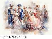 Watercolor illustration in historical style depicting a group of 18th century aristocrats in exquisite attire. Men in tailcoats, top hats and waistcoats, women in lush dresses with corsets, hats and jewelry. The scene conveys the atmosphere of a social event, ball or high society walk of the Baroque or Rococo era. Light brushstrokes and pastel colors give the work elegance and airiness. Suitable for book design, theater programs, retro collections and vintage designs. Стоковое AI-изображение, AI-художник Анна Кривицкая / Фотобанк Лори