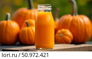 Glass bottle filled with fresh pumpkin juice on a wooden table surrounded by ripe pumpkins. Ideal organic beverage concept for autumn and healthy living enthusiasts. Стоковое AI-изображение, AI-художник lyudmila Soloveva / Фотобанк Лори