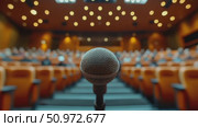 Microphone standing on a stage with blurred audience seating in an auditorium, lit by spotlights, prepared for a speech or performance. Стоковое AI-видео, аниматор Данила Большаков / Фотобанк Лори