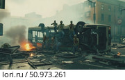 Desolate urban aftermath with decaying creatures amidst an overturned burning vehicle, portraying widespread destruction. Стоковое AI-видео, аниматор Данила Большаков / Фотобанк Лори