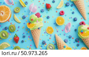 Refreshing dessert arrangement with brightly colored soft serve treats, scattered fresh fruit, and joyful confetti on a cheerful aqua plane. Стоковое AI-видео, аниматор Данила Большаков / Фотобанк Лори