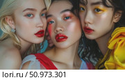 Harmonious grouping of diverse women with expressive gazes and brilliant makeup, emphasizing the powerful elegance of feminine form. Стоковое AI-видео, аниматор Данила Большаков / Фотобанк Лори